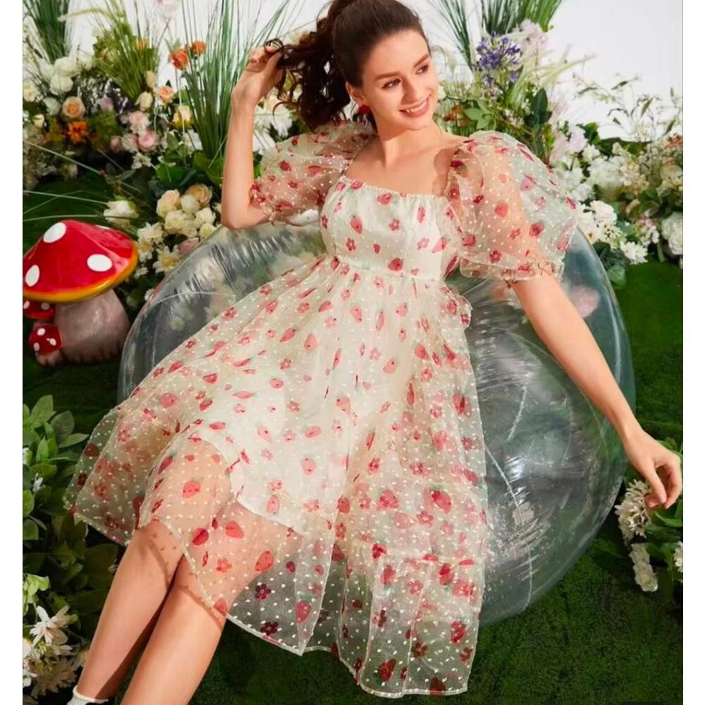 Shein Mod cream strawberry dot floral puff sleeve tulle overlay babydoll dress S